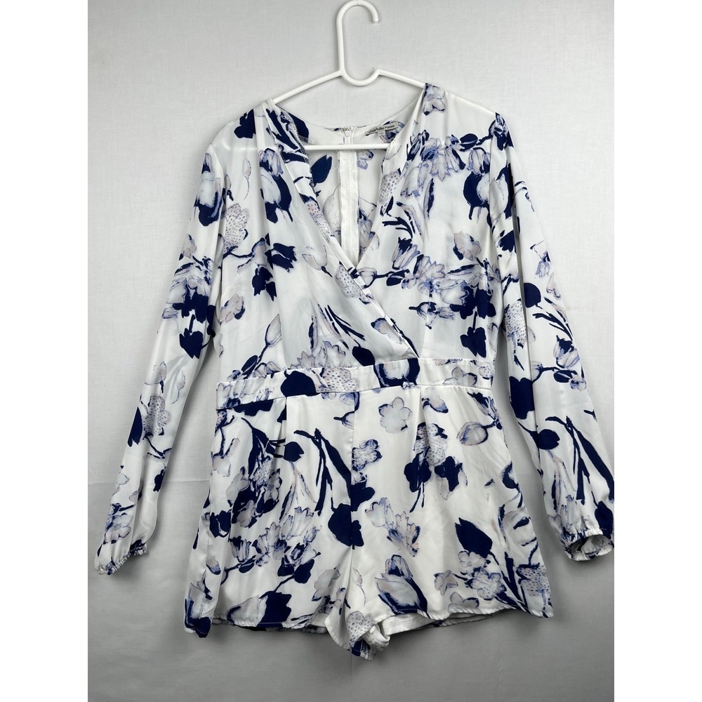 Charlotte Russe Floral Romper Womens XL Blue White Long Sleeve Surplice V-Neck